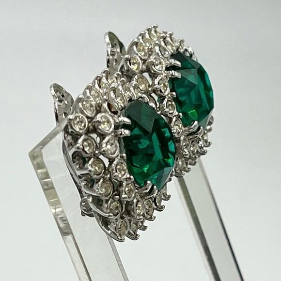 Green Prong Set Rhinestone Open Back Stacked Halo Silver Tone Clip on Earrings - Picture 4 of 7